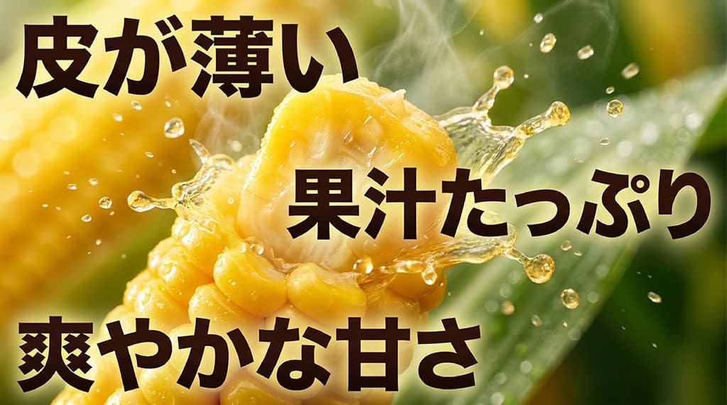 ゴールドラッシュとうもろこしの特徴である薄い粒皮、豊富な果汁、爽やかな甘さを示した画像