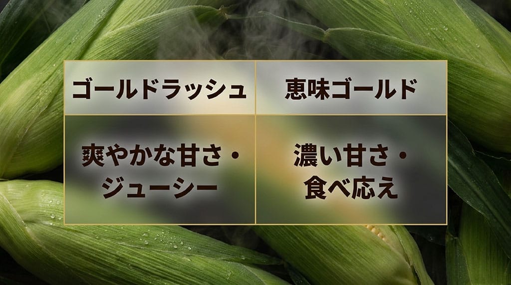 ゴールドラッシュの爽やかな甘さとジューシーさ、恵味ゴールドの濃い甘さと食べ応えを比較した画像