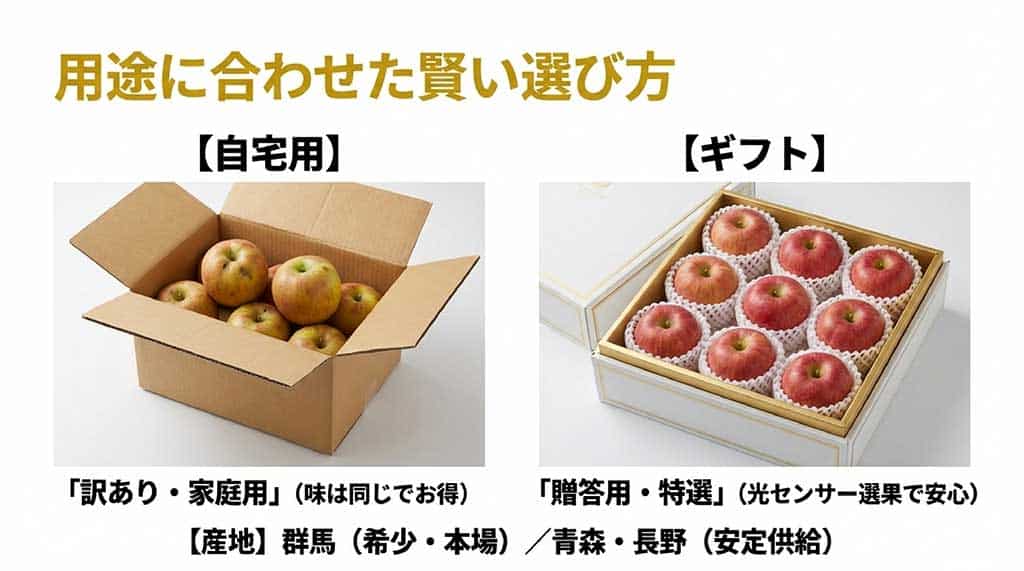 自宅用(訳あり・家庭用)とギフト用(贈答用・特選)の選び方。本場の群馬産と、安定供給の青森・長野産の比較スライド
