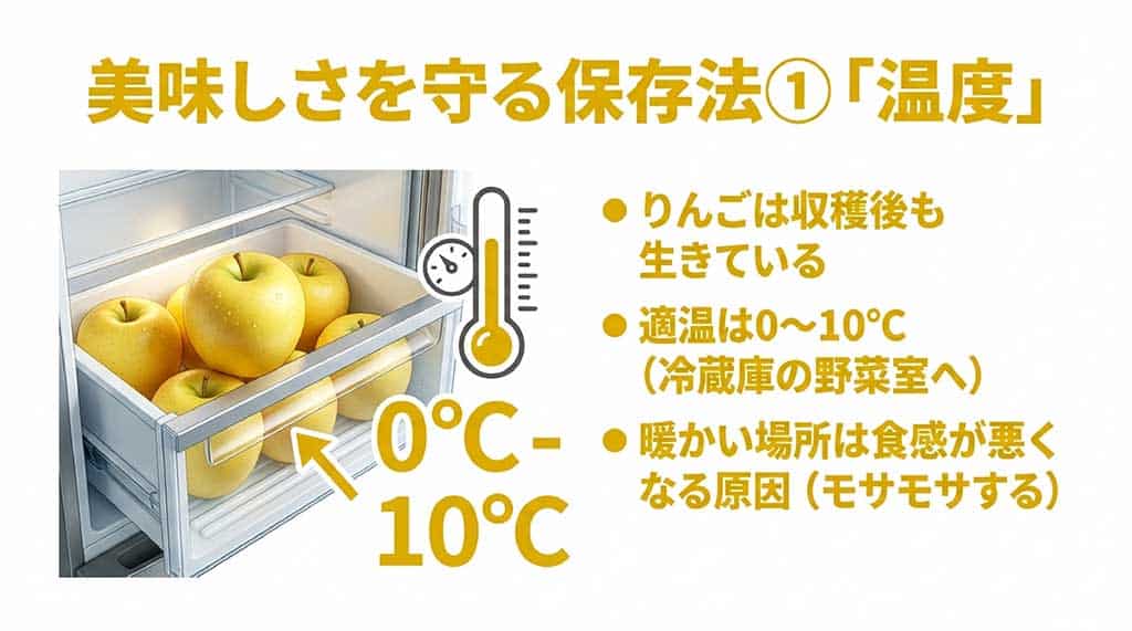 ぐんま名月の保存法(温度編)。適温は0〜10℃で冷蔵庫の野菜室が推奨。暖かい場所は食感が悪くなる原因になる解説