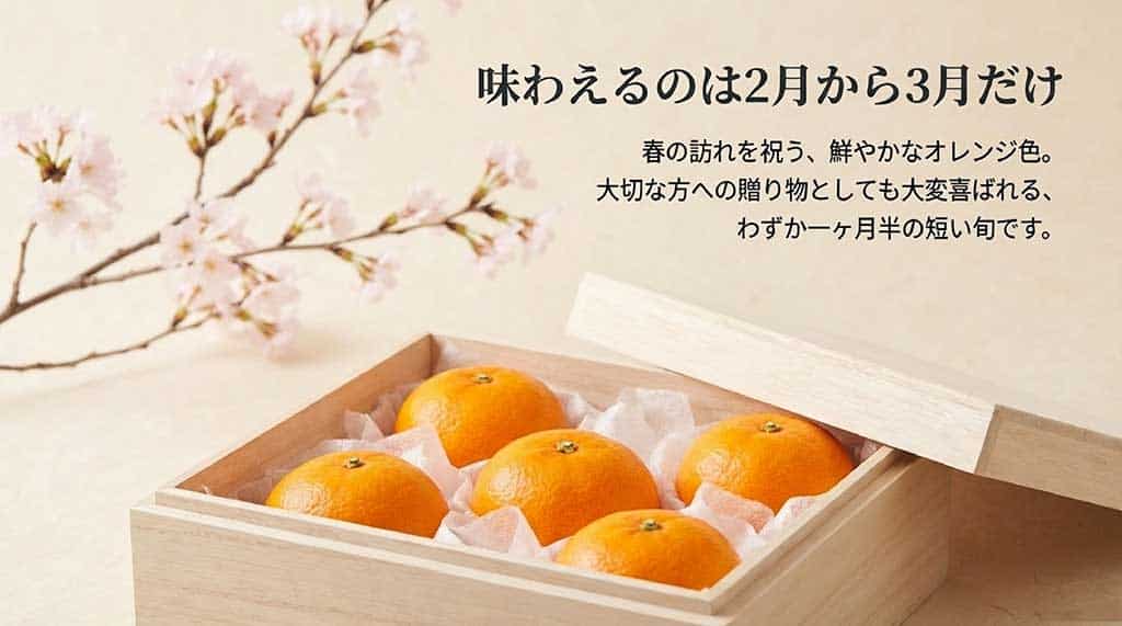 はまさきの旬は2月から3月のわずか一ヶ月半。春の訪れを祝う鮮やかなオレンジ色と短い旬についての解説
