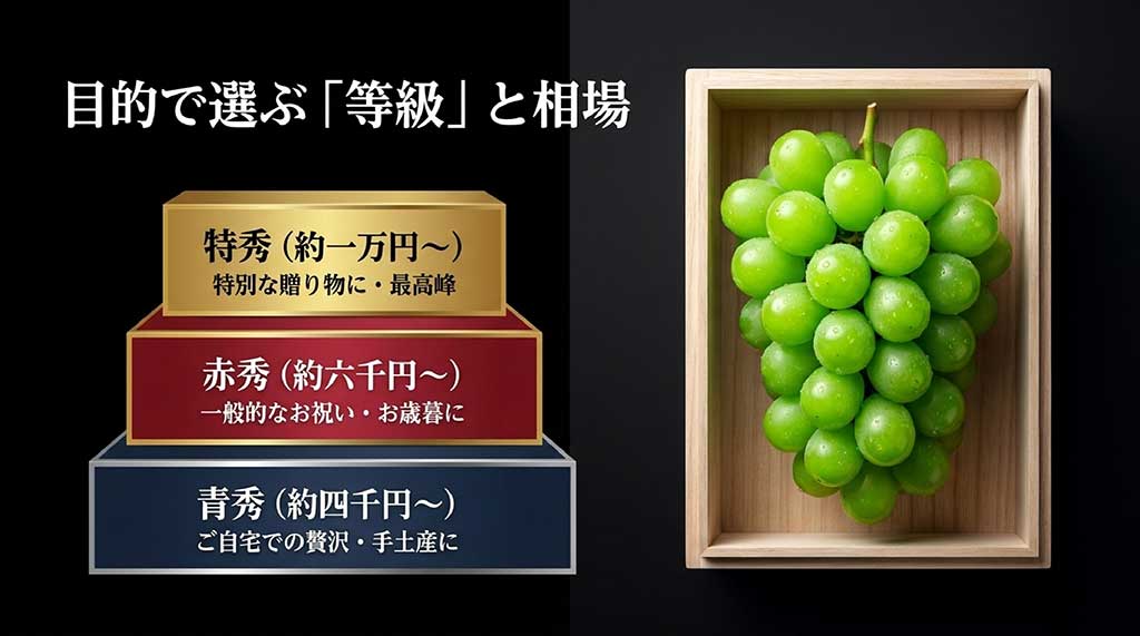 晴王のランク(特秀・赤秀・青秀)ごとの特徴と価格相場を表した画像