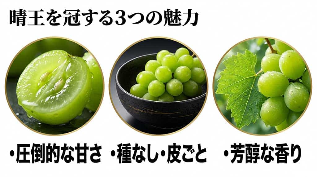 晴王の3つの魅力(圧倒的な甘さ、種なし・皮ごと、芳醇な香り)を紹介する画像