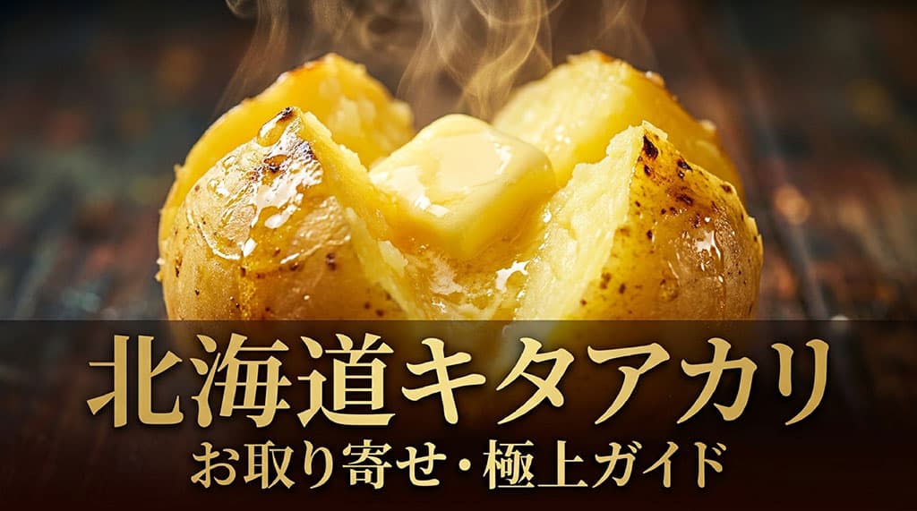 バターが溶けた北海道産キタアカリを背景にした通販お取り寄せガイドのサムネイル
