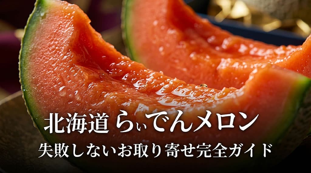 果汁豊かな赤肉メロンと「北海道らいでんメロン 失敗しないお取り寄せ完全ガイド」の文字