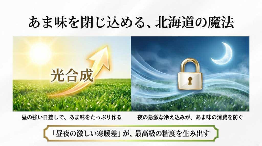 昼間の光合成と夜の冷え込みによる寒暖差がとうもろこしの甘みを蓄える仕組みのイラスト