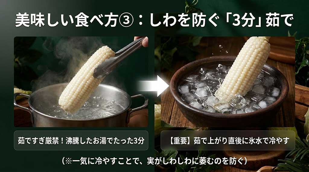 沸騰したお湯で3分茹でたあと直ちに氷水で冷やしてシワを防ぐ手順を示した画像