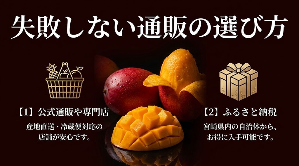 公式通販・青果専門店での購入とふるさと納税での入手方法を解説した図解