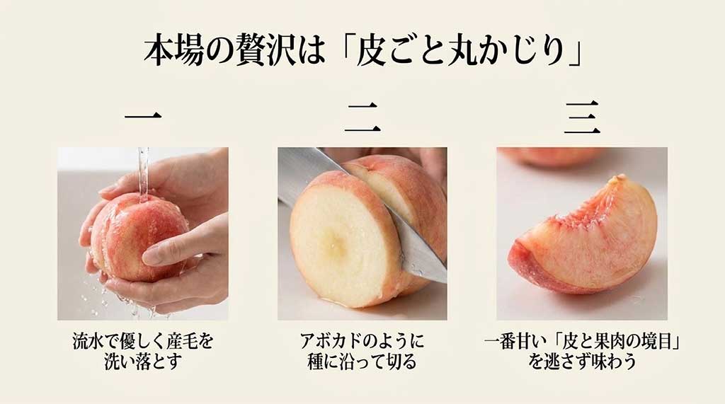 流水で産毛を落とし種に沿って切るミスピーチを皮ごと美味しく味わう手順