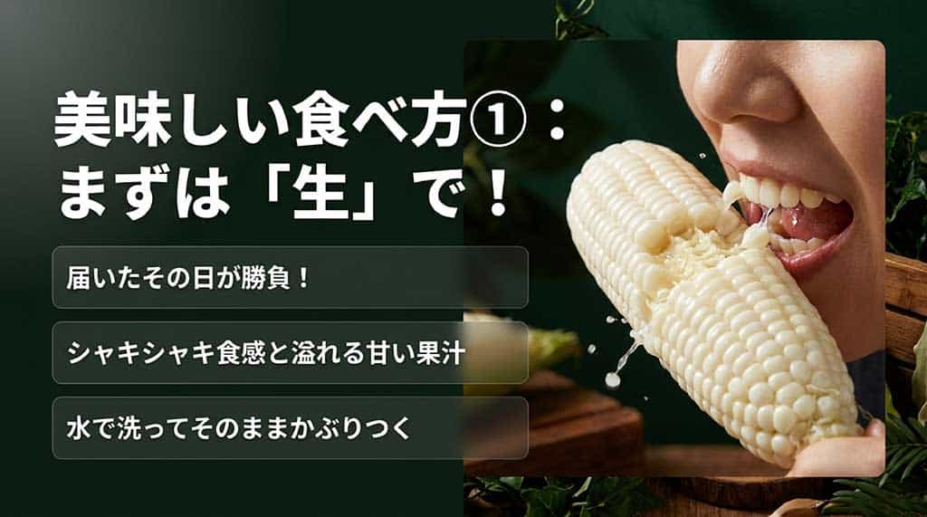 届いた当日に水で洗ってそのままかぶりつく生の食べ方を案内する画像