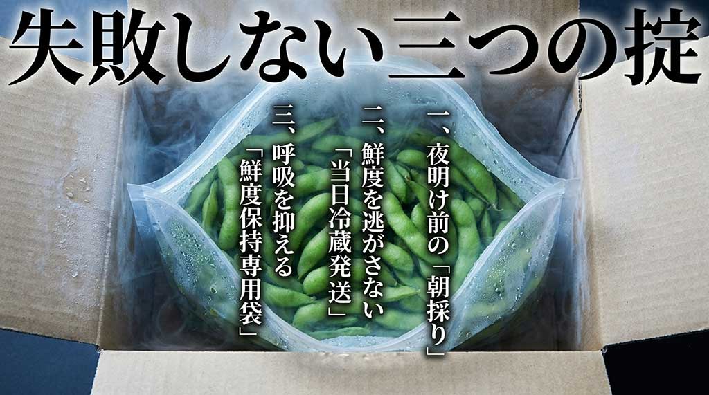 朝採り、当日冷蔵発送、鮮度保持専用袋という通販ショップ選びの3つの条件を記載したスライド画像