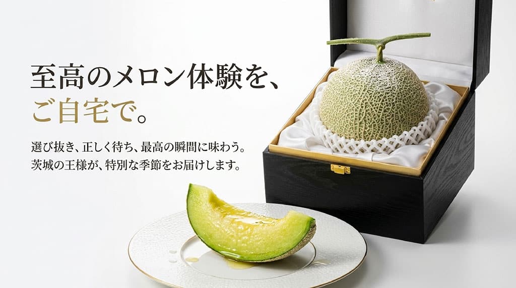 化粧箱入りのイバラキングとカットメロンを並べ、自宅で楽しむ通販お取り寄せ体験を表した画像