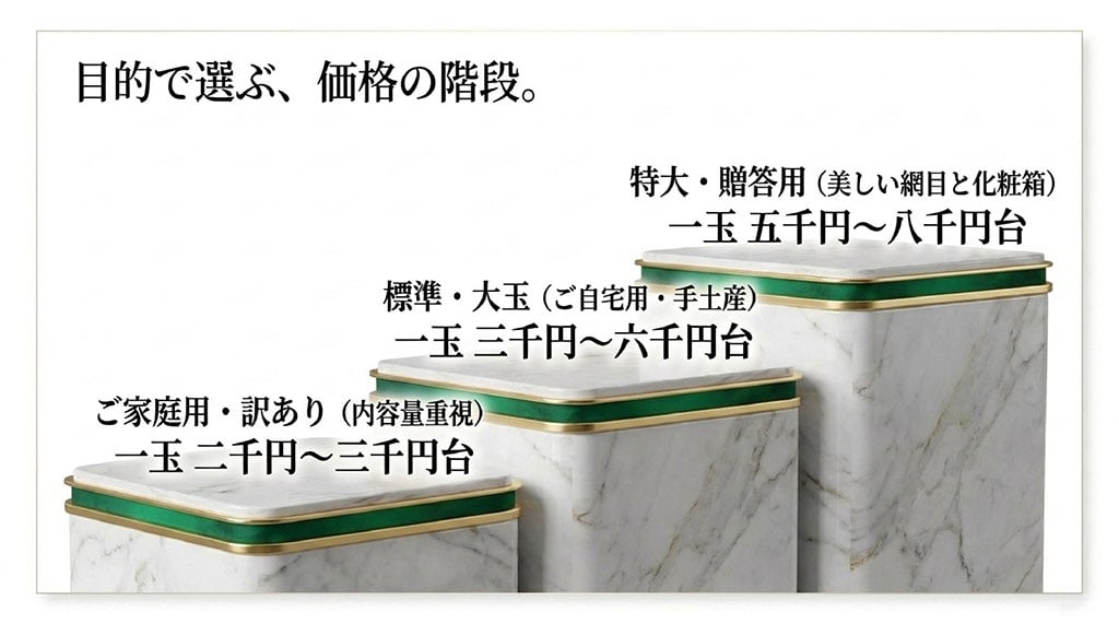 家庭用・標準大玉・特大贈答用に分け、イバラキング1玉の価格帯を階段状に示した図