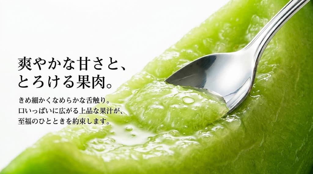 スプーンですくった緑色のメロン果肉と、イバラキングの爽やかな甘さ、きめ細かくなめらかな食感を紹介する画像