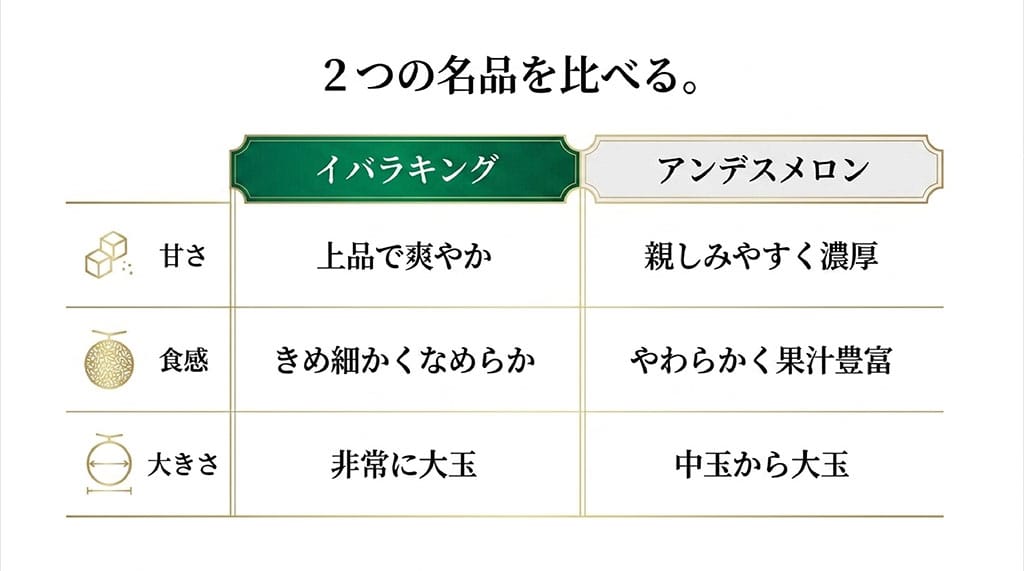 イバラキングとアンデスメロンの甘さ、食感、大きさの違いを比較した表