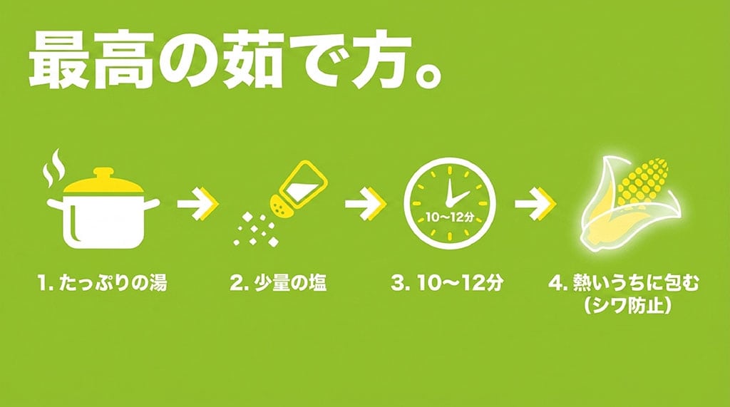 甘々娘をたっぷりのお湯と少量の塩で10～12分茹で、熱いうちに包む手順