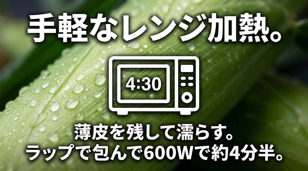甘々娘を薄皮付きでぬらし、ラップで包んで600Wで約4分30秒加熱する方法