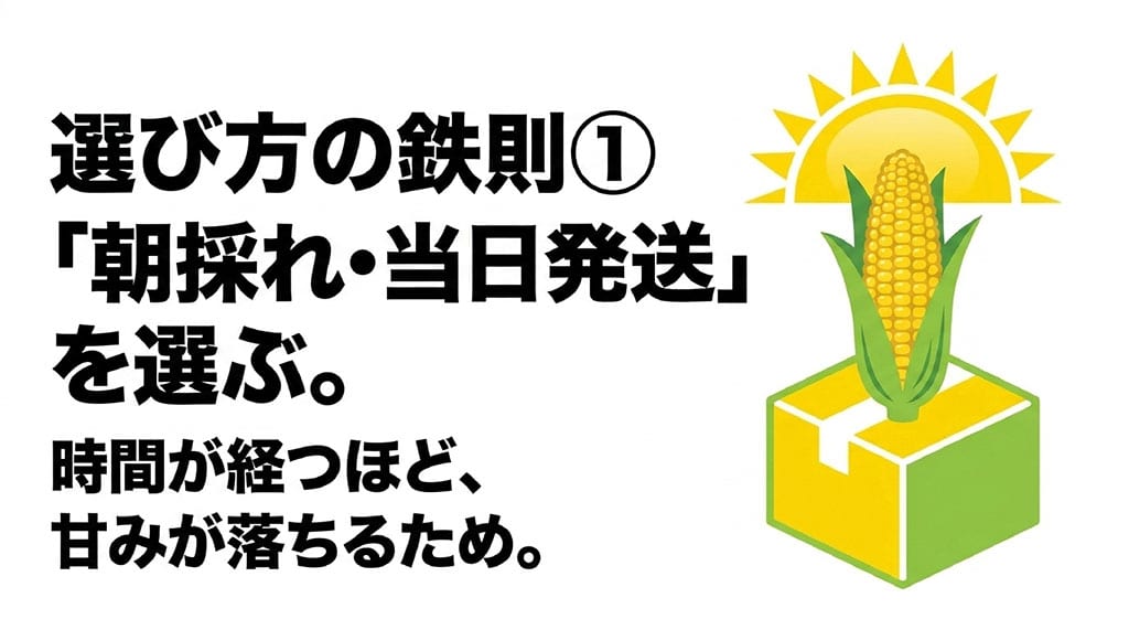 甘々娘の選び方として朝採れ・当日発送を優先し、時間経過による甘みの低下を防ぐことを示す図
