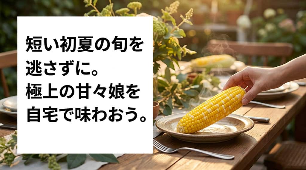 初夏の食卓で甘々娘を味わう場面と、短い旬を逃さず自宅で楽しむメッセージ