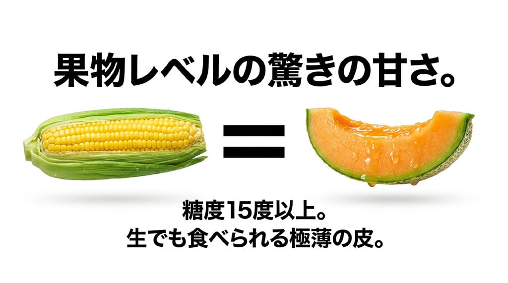 とうもろこしとメロンを並べ、甘々娘は糖度15度以上で生でも食べられる薄皮が特徴と説明した図