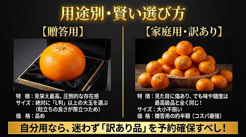 贈答用にはL判以上の大玉を、自宅用にはコスパ最強の訳あり品を推奨する、用途に合わせた甘平の選び方の比較表