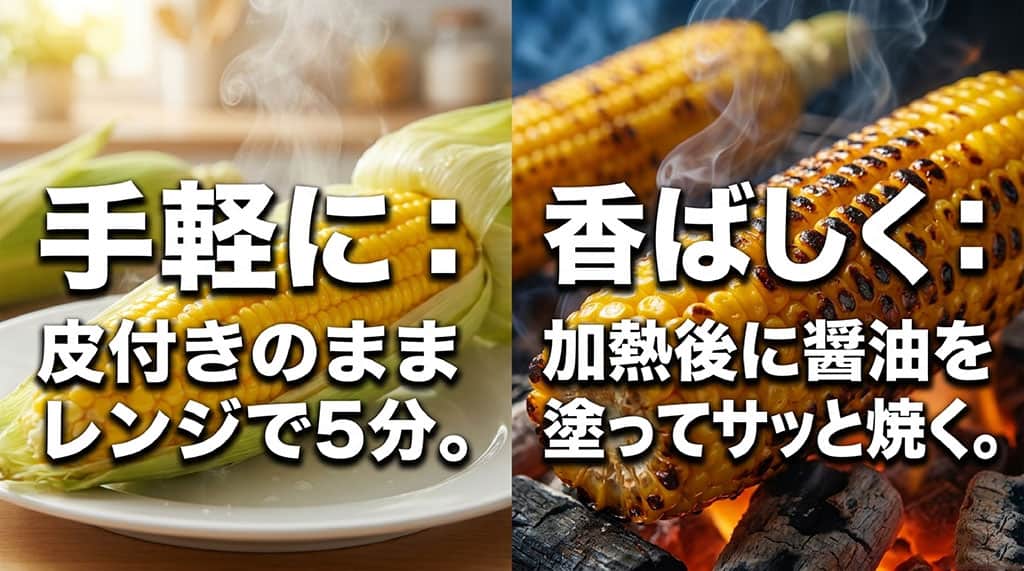 甘太郎を皮付きのままレンジで約5分加熱する方法と、醤油を塗って香ばしく焼く方法