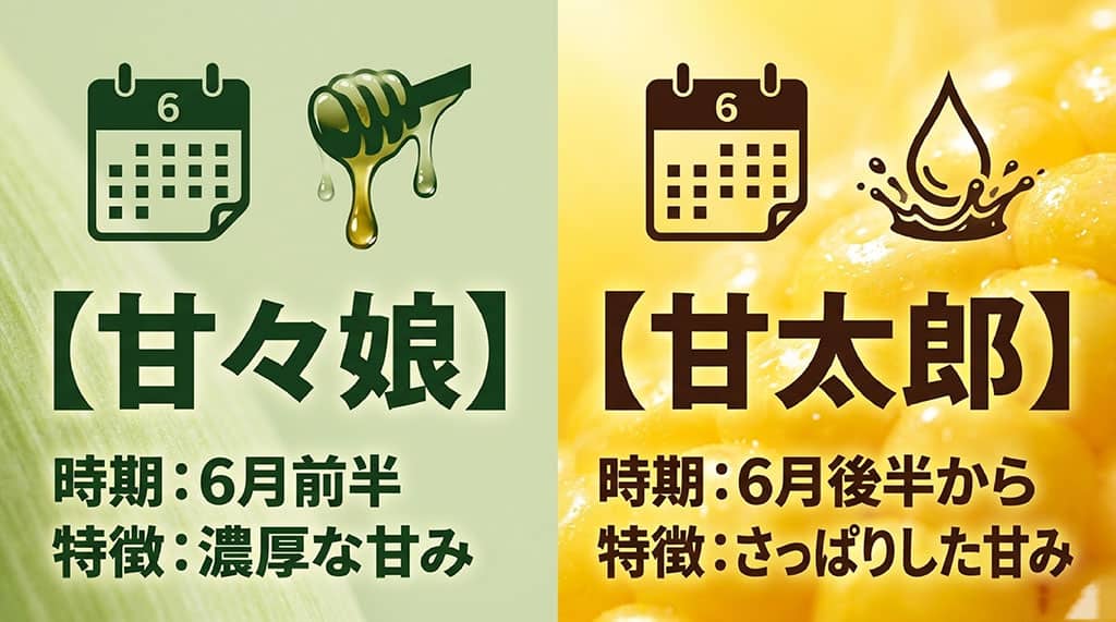 濃厚な甘みの甘々娘と、6月後半から出回るさっぱりした甘みの甘太郎を比較した図