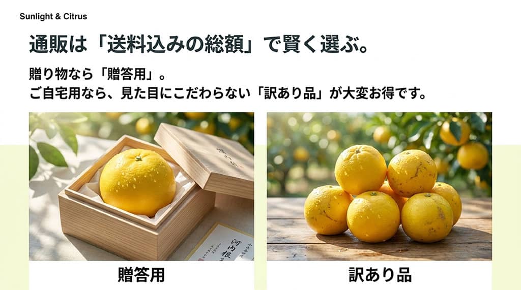 通販は「送料込みの総額」で賢く選ぶ。贈り物なら「贈答用」。ご自宅用なら、見た目にこだわらない「訳あり品」が大変お得です