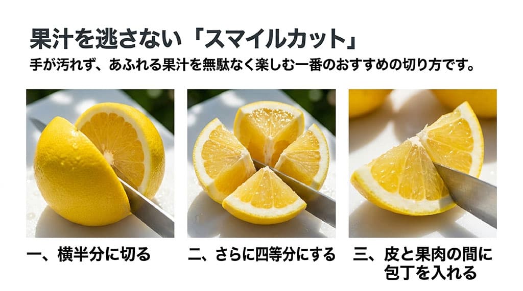 果汁を逃さない「スマイルカット」。手が汚れず、あふれる果汁を無駄なく楽しむ一番のおすすめの切り方です