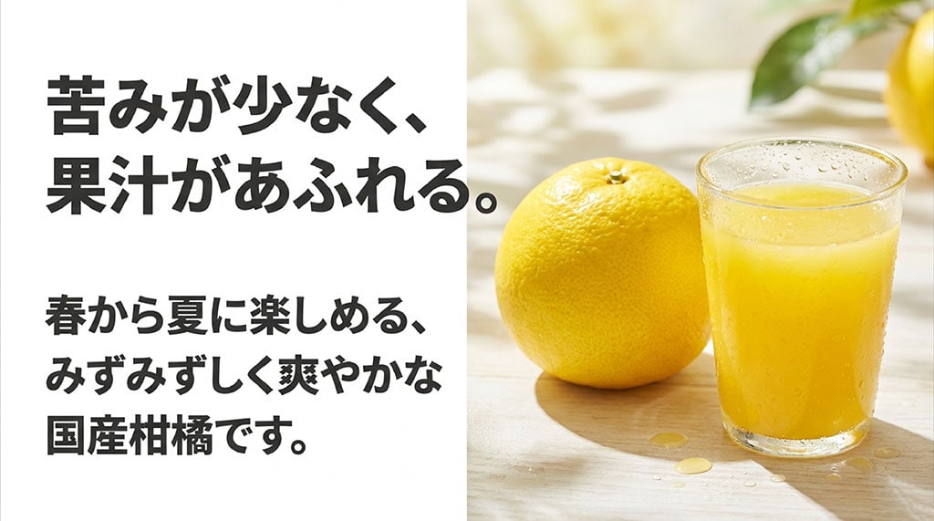 苦みが少なく、果汁があふれる。春から夏に楽しめる、みずみずしく爽やかな国産柑橘です