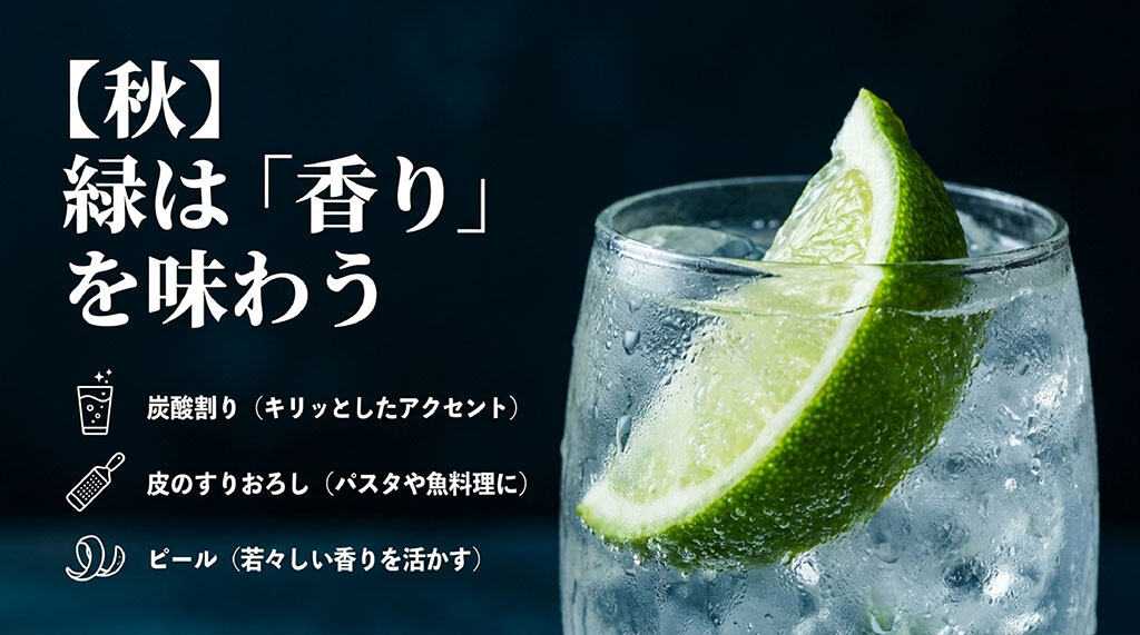 秋のグリーンレモンを炭酸割り、皮のすりおろし、ピールに活用する方法を紹介した画像