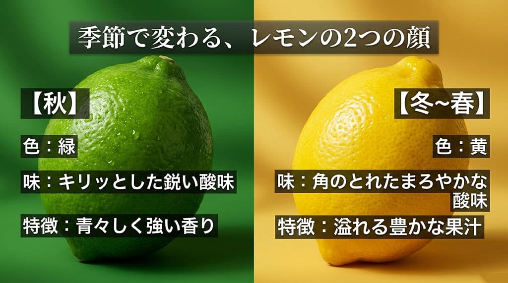 秋のグリーンレモンと冬から春のイエローレモンを、色、酸味、香り、果汁量の違いで比較した画像