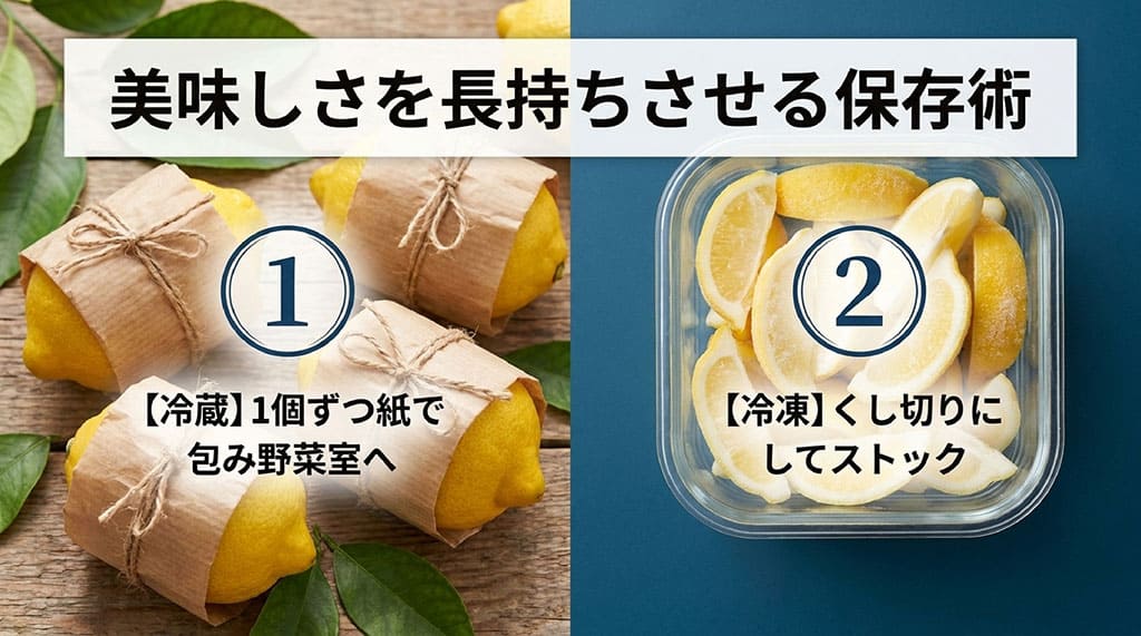 レモンを1個ずつ紙で包んで野菜室へ入れる冷蔵方法と、くし切りにして冷凍保存する方法を比較した画像