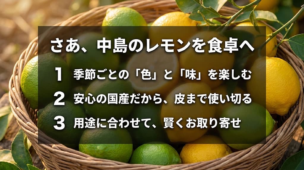 中島産レモンについて、季節ごとの色と味、皮まで使う魅力、用途に合った通販選びを3点にまとめた画像