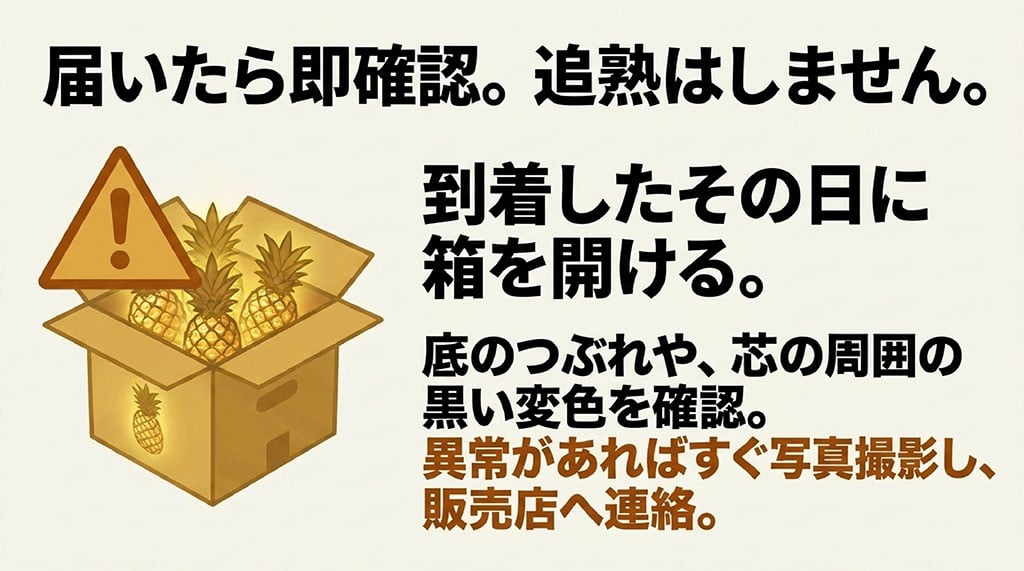 金鑚パインが届いた日に箱を開け、底のつぶれや芯周辺の黒い変色を確認する方法