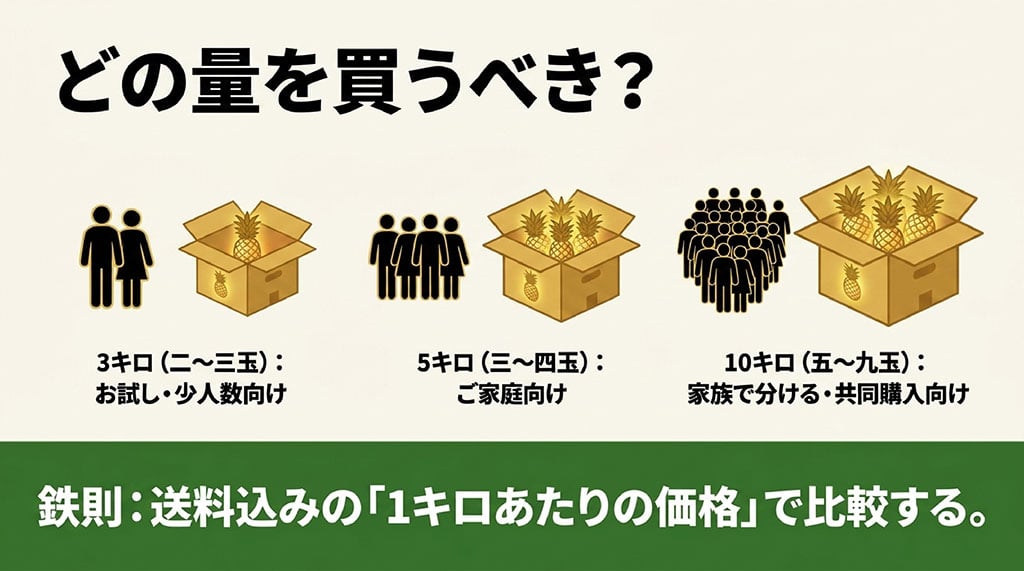 3kgは少人数のお試し用、5kgは家庭用、10kgは家族や共同購入向けとした金鑚パインの容量比較