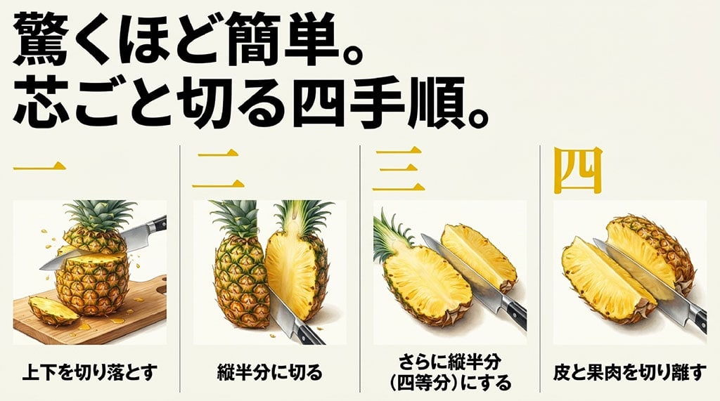 金鑚パインの上下を切り落とし、縦半分、4等分、皮と果肉を切り離すまでの手順