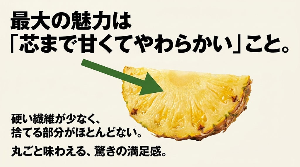 硬い繊維が少なく、中心の芯までやわらかく食べやすい金鑚パインの特徴