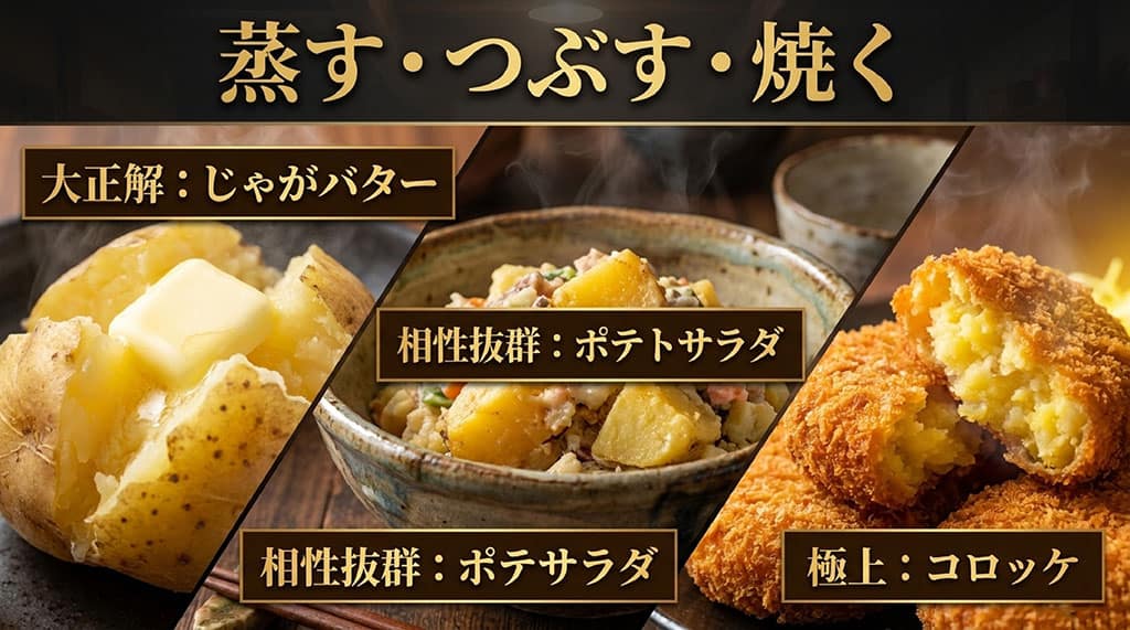 じゃがバター、ポテトサラダ、コロッケなどキタアカリに向いている料理を紹介した画像