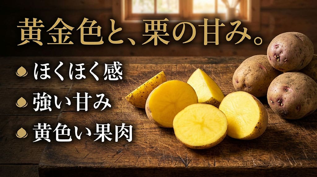 黄色い果肉のキタアカリと、ホクホク感・強い甘み・黄色い果肉の特徴を示した画像