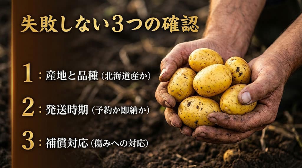 キタアカリ通販で産地と品種、発送時期、傷みへの補償を確認する3項目を示した画像