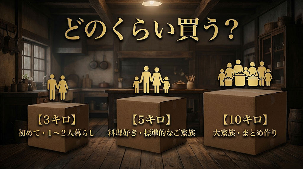 キタアカリの購入量を3kg・5kg・10kgに分け、人数や使い方の目安を示した画像