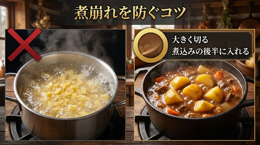 キタアカリを大きく切り、煮込みの後半に加えて煮崩れを防ぐ方法を示した画像