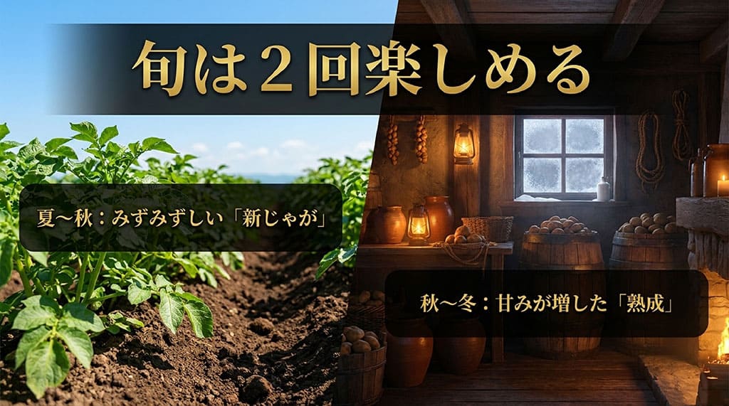 夏から秋の新じゃがと、秋から冬の貯蔵されたキタアカリを楽しめる時期を示した画像