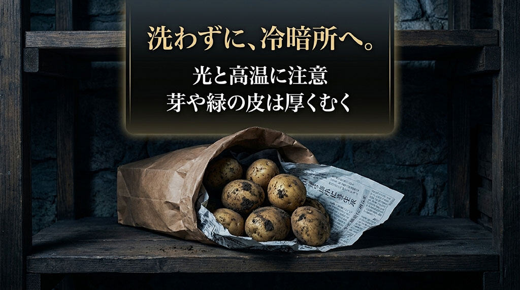 キタアカリを洗わず冷暗所で保存し、芽や緑色の皮を厚くむく注意点を示した画像