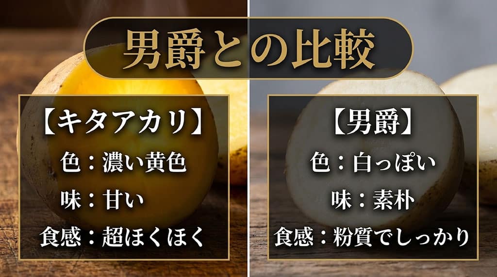 キタアカリと男爵を果肉の色・味・食感で比較した画像