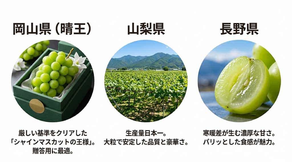 山梨県、岡山県、長野県の3大産地におけるシャインマスカットの味、粒の大きさ、食感の傾向を比較した日本地図入りの図解