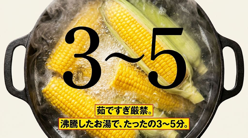 恵味ゴールドを沸騰した湯で3分から5分茹で、茹ですぎを避ける調理方法を示した画像