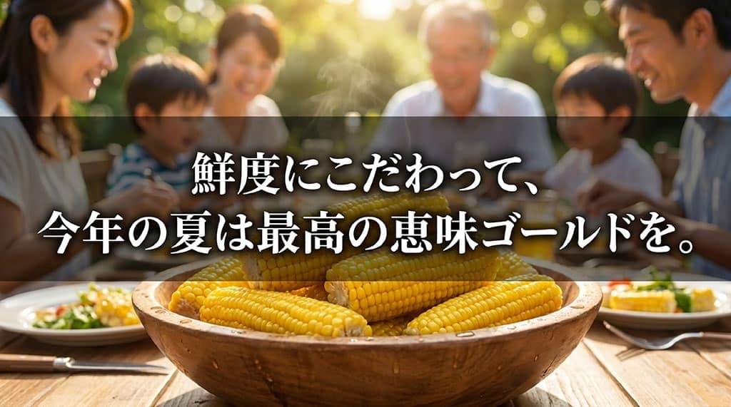家族が食卓で恵味ゴールドを囲み、鮮度にこだわって夏のとうもろこしを楽しんでいる様子
