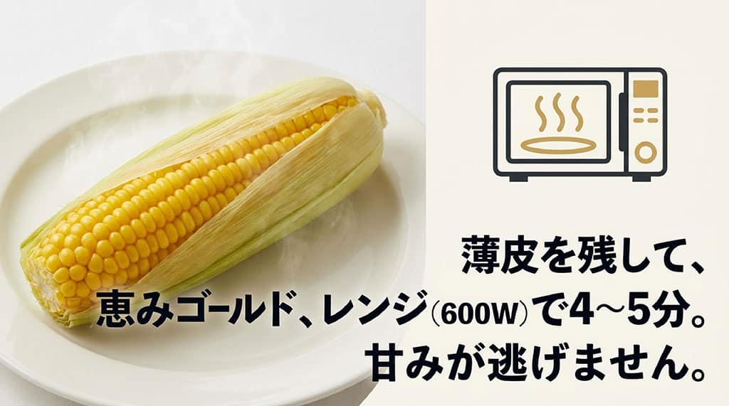 薄皮を残した恵味ゴールドを電子レンジ600Wで4分から5分加熱する方法を示した画像